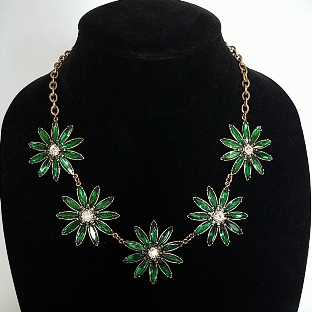 Green Flower Choker Rhinestone Statement Necklace